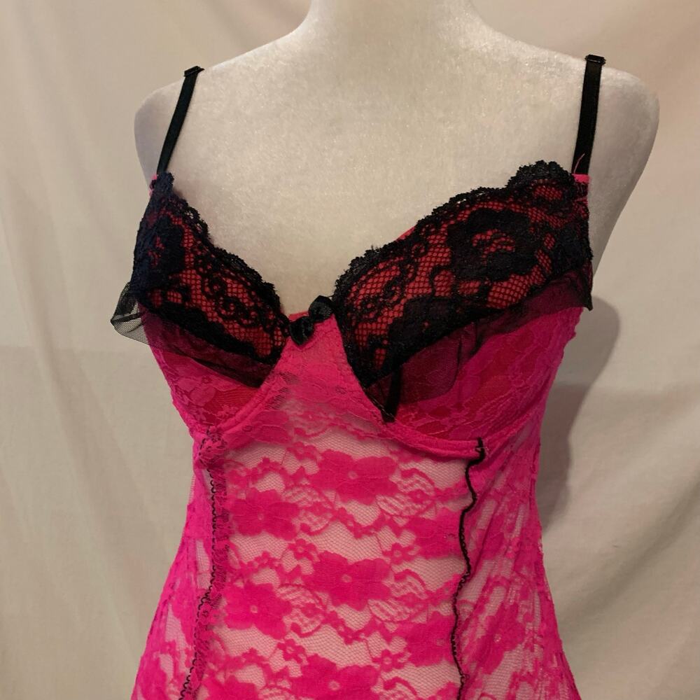 Y2K Hot Pink Black Lace Padded Mini Slip Dress Medium - Picture 2 of 4